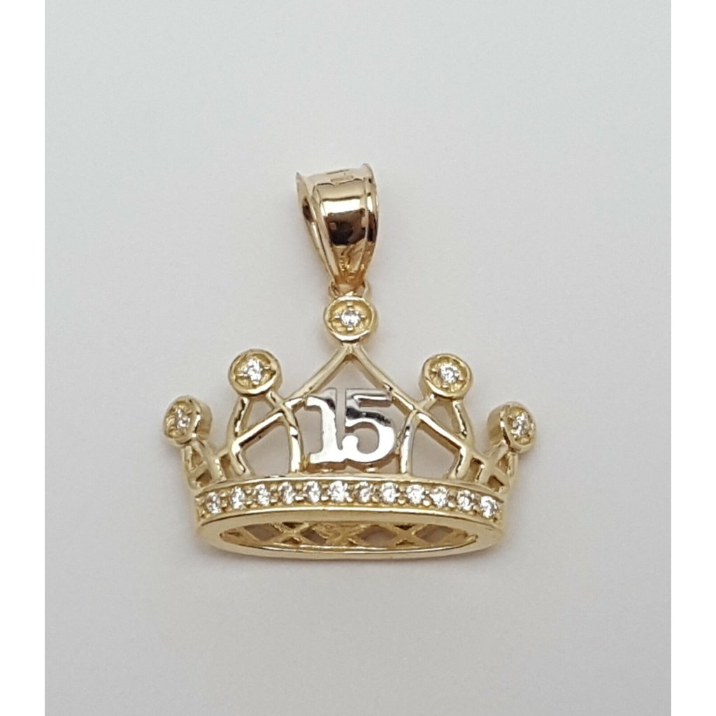 Unique 14k Multi Tone Two Tone Cz Quinceanera Tiara Crown 15 Pendant Charm